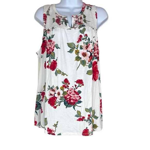 Papermoon Red White Floral Sleeveless Smocked Neck Top 3X Plus Stretch NWOT - Picture 1 of 9